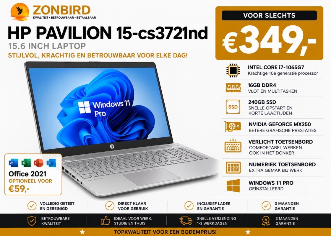 HP Pavilion 15-cs3721nd met Intel Core i7-1065G7, 16GB RAM, 240GB SSD, NVIDIA GeForce MX250 en verlicht toetsenbord.
