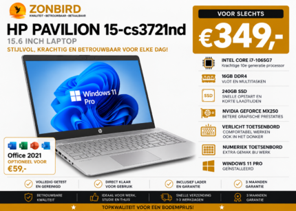 HP Pavilion 15-cs3721nd met Intel Core i7-1065G7, 16GB RAM, 240GB SSD, NVIDIA GeForce MX250 en verlicht toetsenbord.