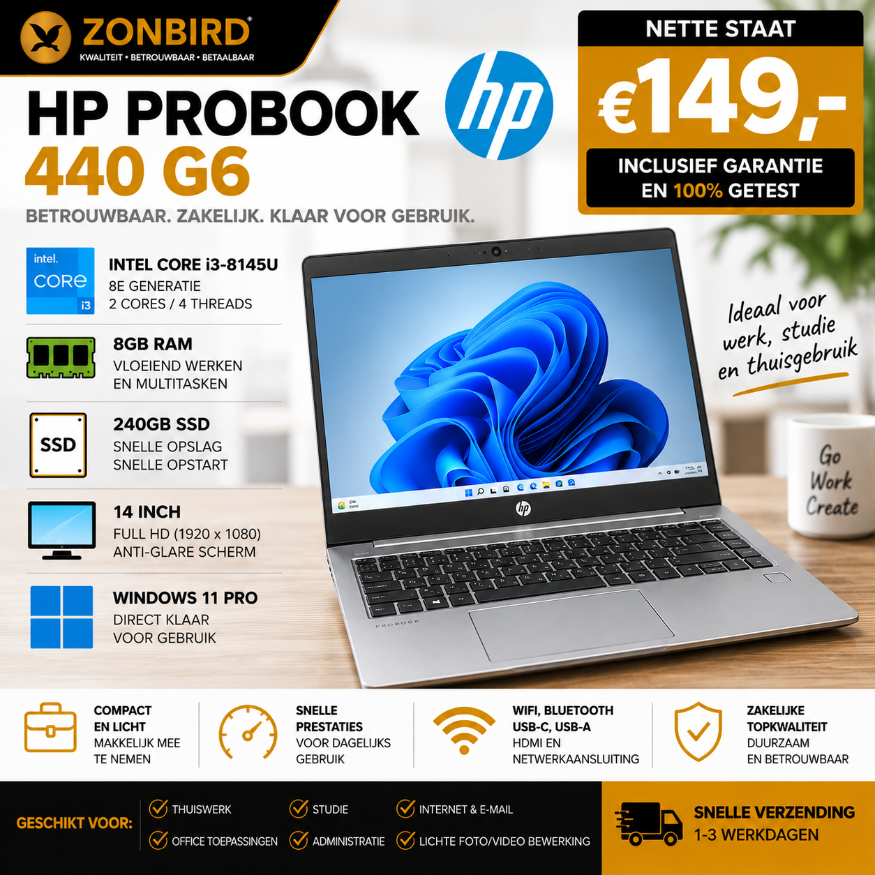 HP ProBook 440 G6 14" | i3 | 8GB | 240GB SSD | €149 HP ProBook 440 G6 14 inch met Core i3-8145U, 8GB RAM, 240GB SSD en Windows 11 Pro