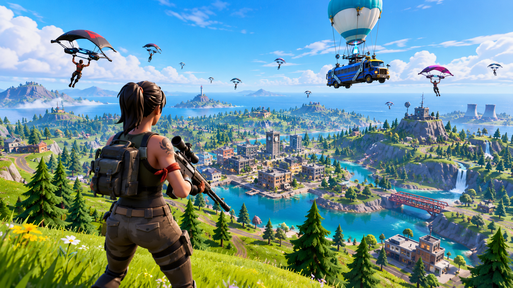 Fortnite-illustratie met een gewapend personage op een heuvel, de vliegende Battle Bus en spelers die landen op het eiland.