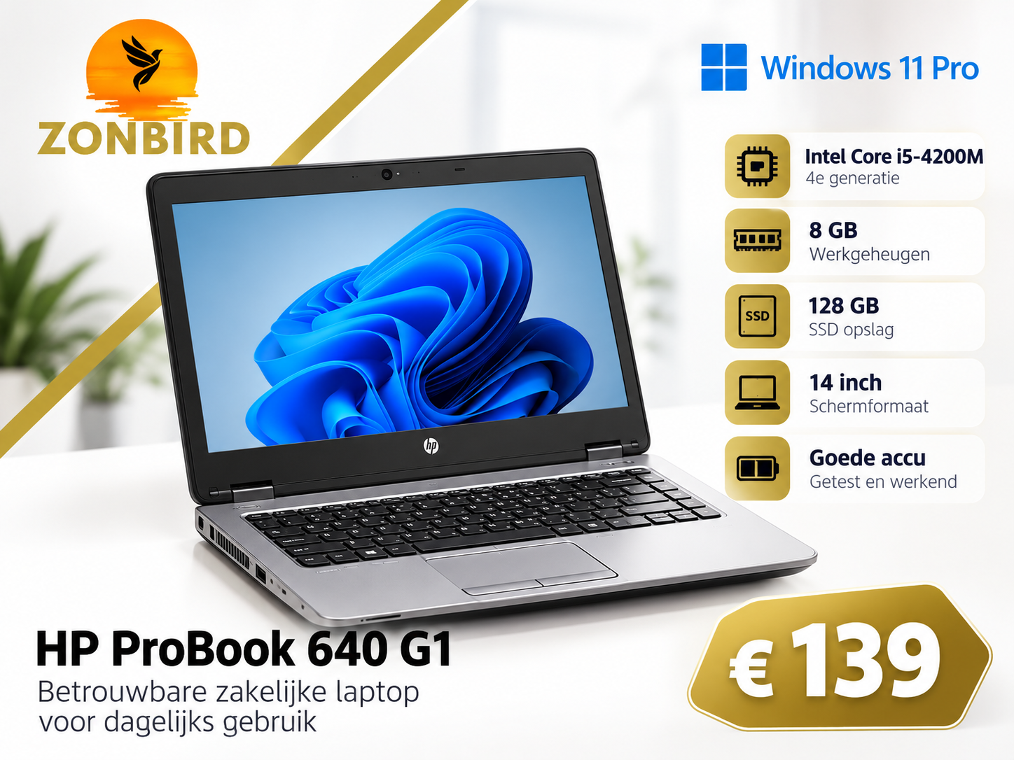 Refurbished HP ProBook 640 G1 14 inch laptop met Intel Core i5, 8GB RAM en 128GB SSD voor € 139.