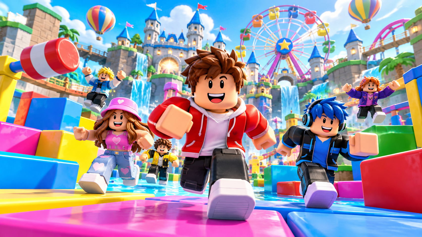 Kleurrijke Roblox-illustratie met vrolijke personages die door een avonturenwereld met hindernissen, kastelen en een reuzenrad rennen.