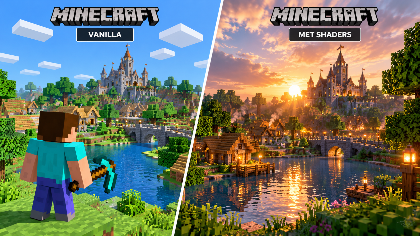 Vergelijking van Minecraft zonder shaders (Vanilla) en met shaders, met realistische belichting, schaduwen en reflecties in het water.