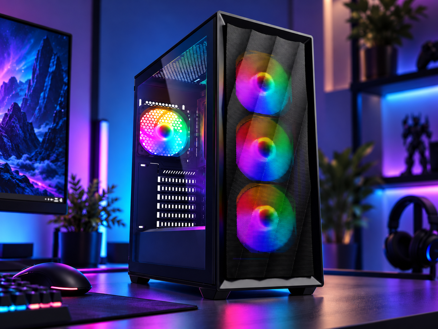 Zonbird Game PC Viper met zwarte behuizing, glazen zijpaneel en vier RGB-ventilatoren in een moderne gamingopstelling.