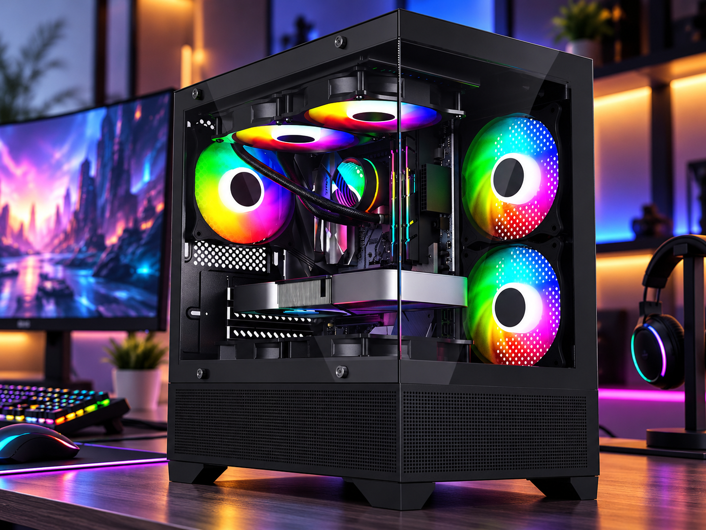 Zonbird Black Eagle game-pc met zwarte glazen behuizing, kleurrijke RGB-ventilatoren en optionele waterkoeling in een gamingopstelling.
