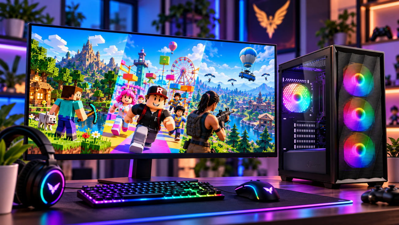 Zonbird Viper game-pc met RGB-verlichting naast een gamingmonitor met Minecraft, Roblox en Fortnite