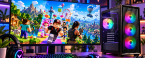 Zonbird Viper game-pc met RGB-verlichting naast een gamingmonitor met Minecraft, Roblox en Fortnite
