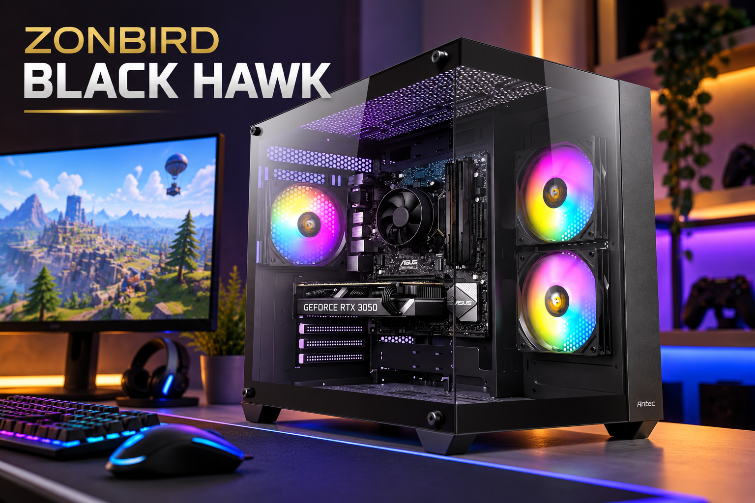 Zonbird Black Hawk game-pc met zwarte Antec-behuizing, glazen panelen, GeForce RTX-videokaart en drie RGB-ventilatoren.