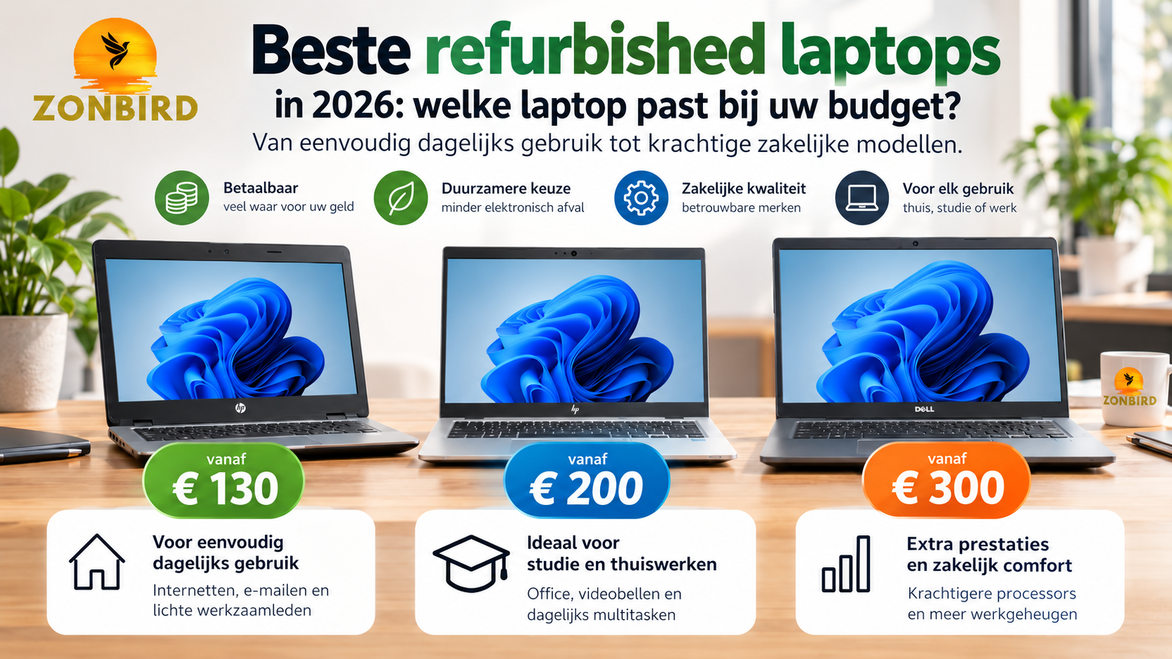 Vergelijking van refurbished laptops rond € 130, € 200 en € 300 bij Zonbird.