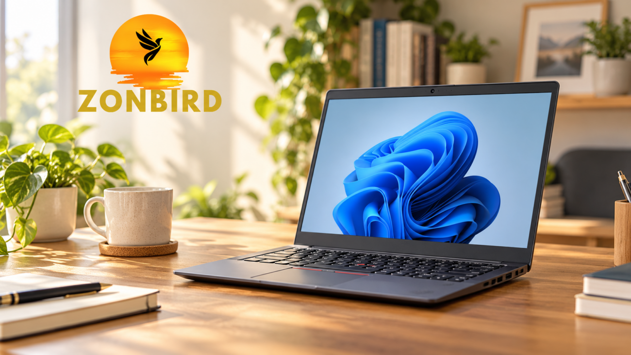 Refurbished HP laptop op een bureau met het Zonbird-logo op de achtergrond.