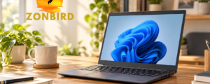 Refurbished HP laptop op een bureau met het Zonbird-logo op de achtergrond.