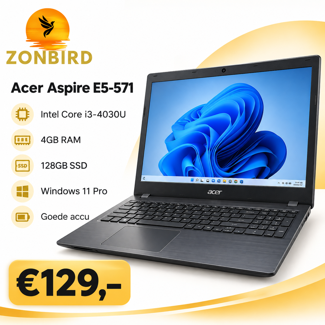 Acer Aspire E5-571 15.6 inch | i3-4030U | 4GB RAM | 128GB SSD Acer Aspire E5-571 15.6 inch laptop met Intel Core i3-4030U, 4GB RAM en 128GB SSD