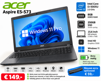 Acer Aspire E5-573 15.6 inch laptop met Intel Core i3-5005U, 8GB RAM en 250GB SSD