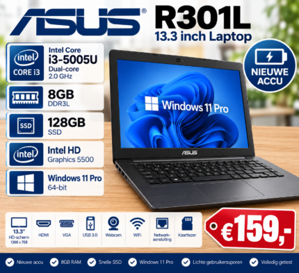 ASUS R301L 13.3 inch laptop met Intel Core i3-5005U, 8GB RAM, 128GB SSD en nieuwe accu