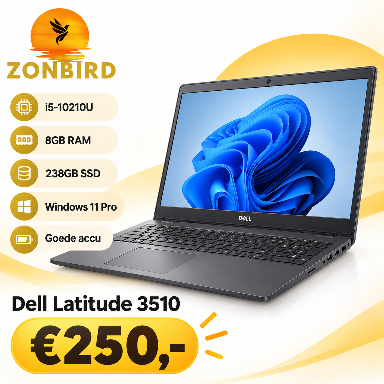 Dell Latitude 3510 15.6 inch Laptop | i5-10210U | 8GB RAM | 238GB SSD | Windows 11 Pro Dell Latitude 3510 15.6 inch laptop met Intel Core i5-10210U, 8GB RAM, 238GB SSD en Windows 11 Pro