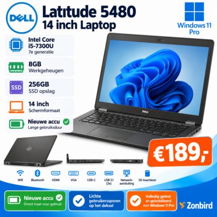 Dell Latitude 5480 14 inch laptop met Intel Core i5-7300U, 8GB RAM, 256GB SSD en nieuwe accu