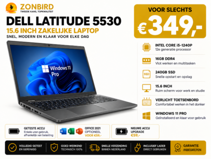 Dell Latitude 5530 15.6 inch laptop met Intel Core i5-1240P, 16GB RAM, 240GB SSD en verlicht toetsenbord.