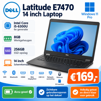 Dell Latitude E7470 14 inch laptop met Intel Core i5-6300U, 8GB RAM en 256GB SSD