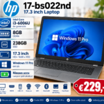 HP 17-bs022nd 17.3 inch laptop met Intel Core i3-6006U, 8GB RAM, 238GB SSD en nieuwe accu