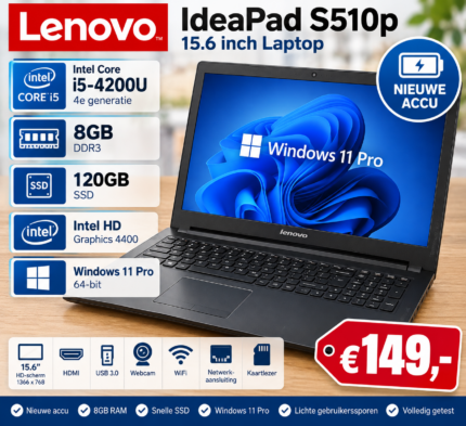 Lenovo IdeaPad S510p 15.6 inch laptop met Intel Core i5-4200U, 8GB RAM, 120GB SSD en nieuwe accu