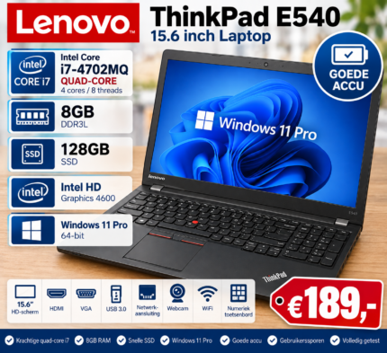 Lenovo ThinkPad E540 15.6 inch laptop met Intel Core i7-4702MQ quad-core, 8GB RAM en 128GB SSD