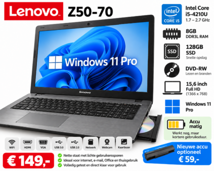 Lenovo Z50-70 15.6 inch laptop met Intel Core i5-4210U, 8GB RAM, 128GB SSD en DVD-RW